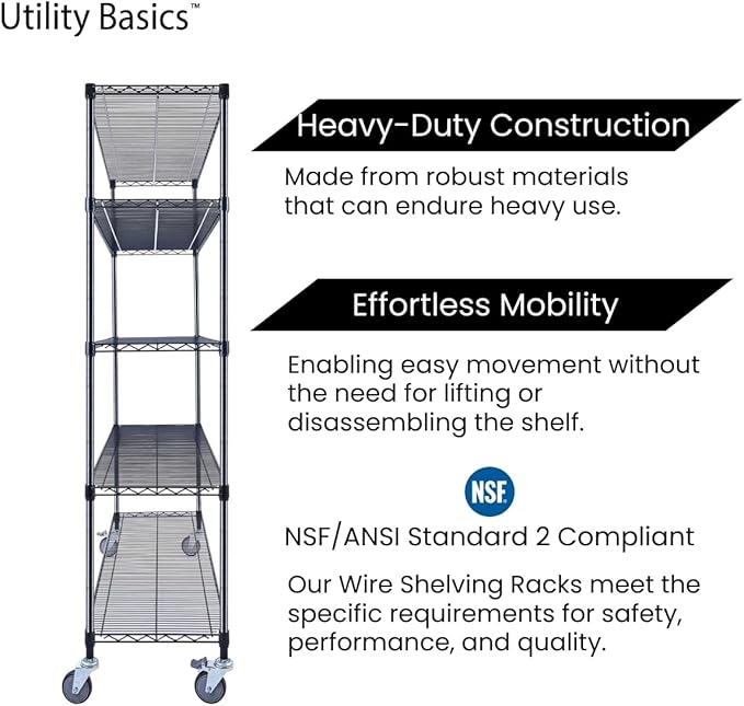 Utility Basics NSF Commercial 5-Tier Wire Shelving with Wheels, 60"x18"x72" Heavy Duty Metal Shelves 4000 lbs Max Capacity, Black Storage Rack for Garage Kitchen Pantry Warehouse