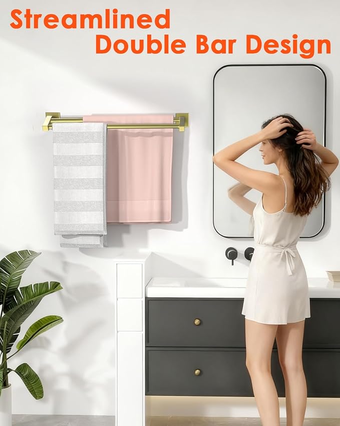 Alise Bath Double Towel Bars Towel Racks for Bathroom,Wall Mount Towel Holder Heavy Duty SUS304 Stainless Steel Towel Hanger Towel Rail,Gold,16 Inch