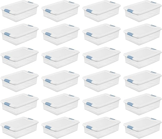 Sterilite 24-Pack Latching Box, Clear Plastic Under Bed Storage Bins with Lids, 32 Quart - Large Stackable Tote Organizer Containers for Closet, Bedroom, Bathroom, and Office Organization