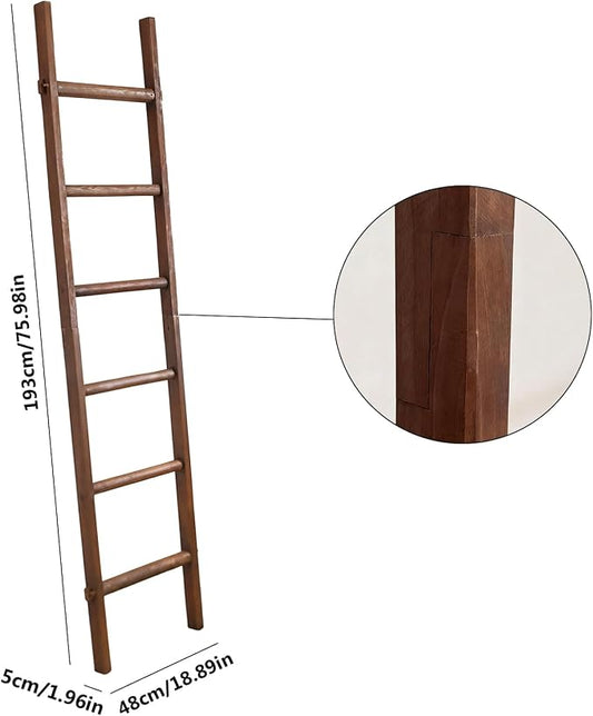 Wooden Blanket Ladder - Natural & Motley Wood - Leaning Wall Decor for Bedroom, Bathroom, Living Room - Rustic Quilt Holder & Towel Rack (Walnut Color, 76in(6-Tier))