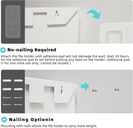 JOMOLA No Drilling File Holder 3 Pack Mail Organizer Wall Mount File Organizer Holder Office Wall Hanging Files Magazines Organizer Plastic Door Mount Wall Pocket with Adhesive Pad, White Color