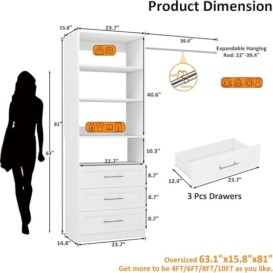 Closet System with 3 Drawers and Shelves, Closet Organizer System, Walk In Closet System, White(VO-008)