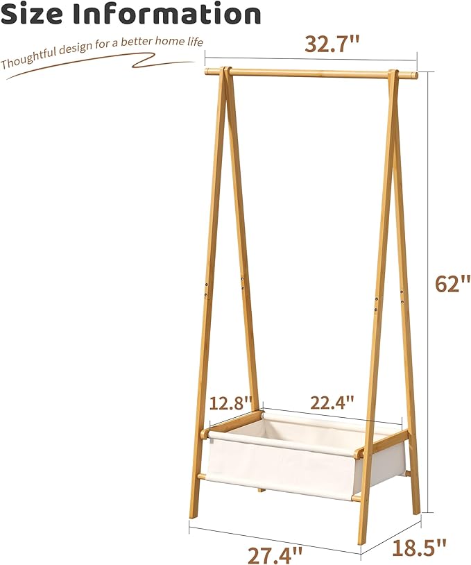 FILWH Bamboo Clothes Rack with Storage Box Foldable Garment Holder Coat Rack Freestanding Coat Stand Child Clothing Stand for Hanging Coat Dress up Racks (Natural, Large)