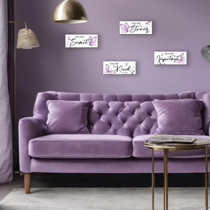 DONFENTHY 4 Pcs Butterfly Wall Decor Purple Room Decor Wooden Positive Butterfly Inspirational Word Sign for Teen Girls Women Bathroom Bedroom Office(Purple,10x4 Inch)