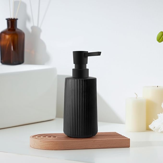 2 Pack Glass Small Soap Dispenser for Bathroom and Kitchen 250ml/8.5oz Dish Soap Dispenser Modern Farmhouse Striped Style Hand Soap Dish Soap Dispenser with Pump (Black)