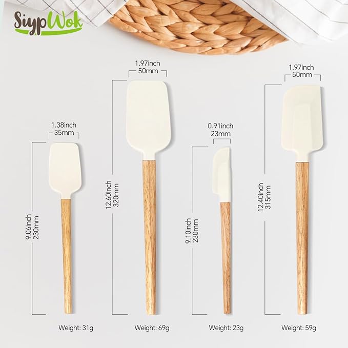 Silicone Spatula Set, Food Grade Rubber Spatula Off White-4 Piece Nonstick Rubber Spatulas with Wooden Handle, Spoonula, Jar Scraper for Cooking, Baking, Mixing, Frosting - Heat Resistant Up to 600°F