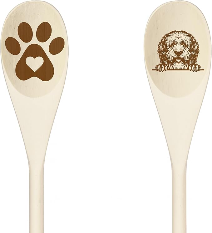 OLD ENGLSH SHEEPDOG Wooden Spoons for Cooking, Serving or Decorative Kitchen Utensils Set Dog Lover Dog Mom/Dad Gift with Peeking Dog Designs, Paw Print and Dog Head, Kitchen Utensils Set of 2