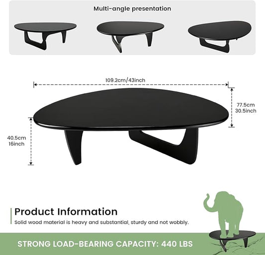 Solid Wood Triangle Coffee Table,Unique Mid Century Modern Oval Coffee Table,Irregular Geometric Tea Tables for Home Living Room with Wooden Tabletop and Reinforced (Black2, 43" L x 31" W x 16" H)