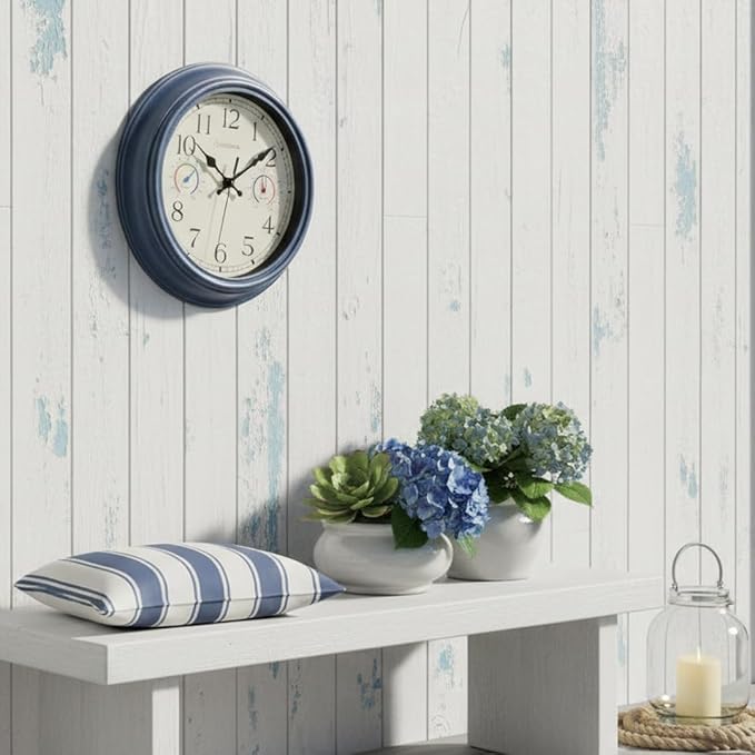 Outdoor Clock with Thermometer & Hygrometer Combo - Waterproof Vintage Coastal Decor Wall Clock for Patio, Pool, Garden, Backyard, Bathroom - 12 Inch, Blue