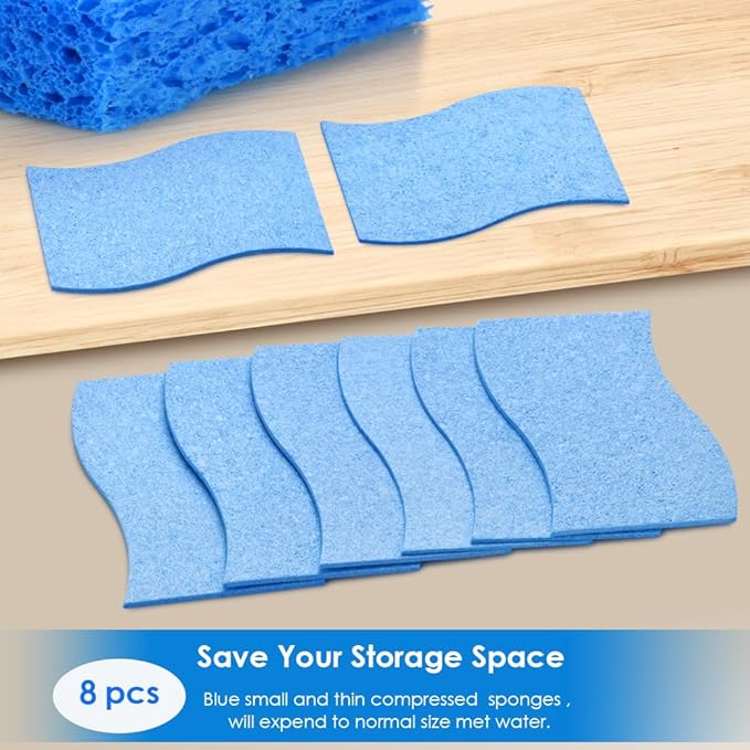 8PCS Blue Dish Washing Kitchen Sponge, Compressed Pack, Save Space | Non Scratch Scrub Sponge, Compressed to Save Space, Sponges for Cleaning Kitchen and Bathroom, Cleans Quickly and Well