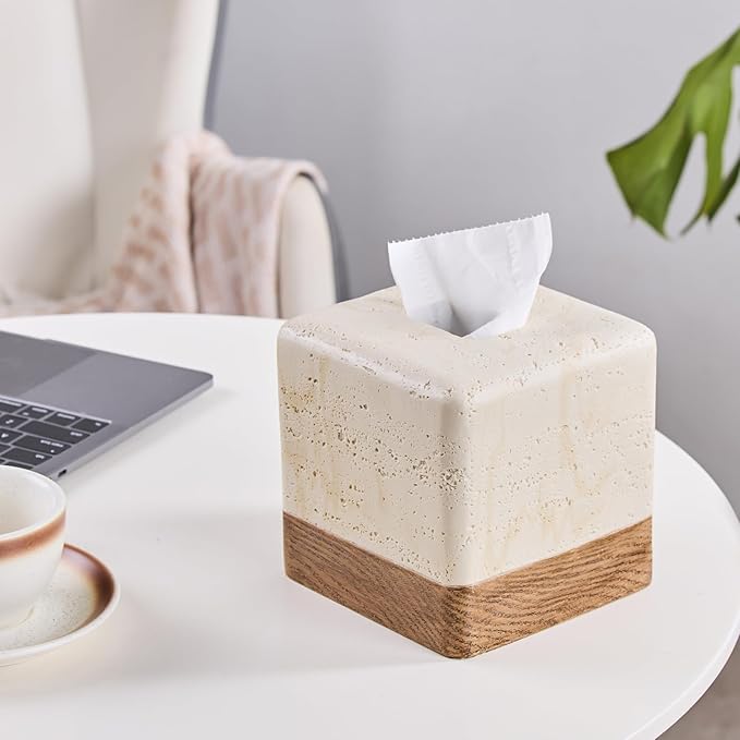 Natural Travertine Match Wooden Square Tissue Box Cover Decorative,Resin Heavy Sturdy Tissue Box Holder, Facial Paper Holder for Bathroom Vanity Countertop, Bedroom Night Stand,Office and End Table