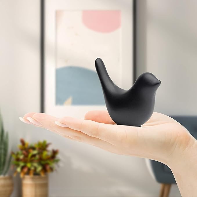 WhimWove 2 Pcs Ceramic Small Bird Figurines Modern Animal Statues for Home 、Room Decor and Bedroom Decor and Bookshelf Display (Black)
