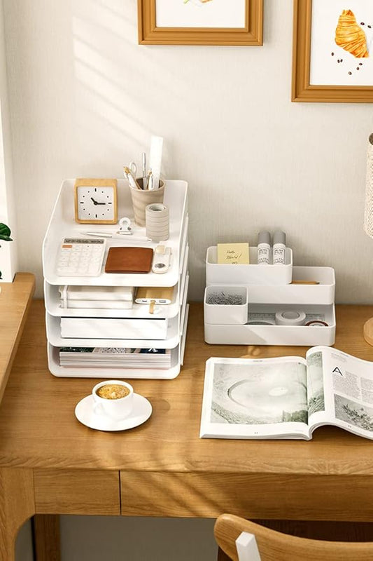 (4pcs Pack) HKeeper Stackable Paper Trays,Letter Tray Organizer,Office Desktop Organizer,A4 Paper Holder,Supplies Magazine,File Documents,Receipts(White,Regular)
