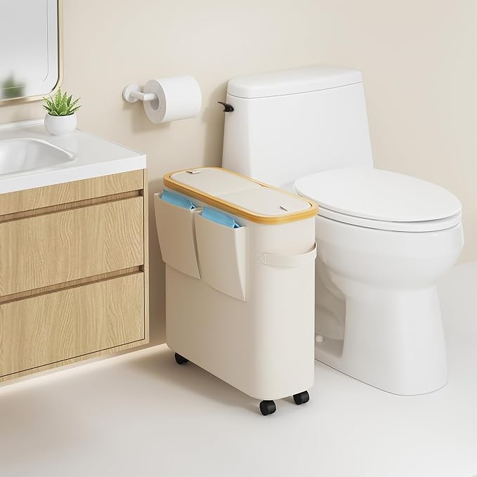 VITVITI Toilet Paper Storage Basket with Lid, Bathroom Toilet Paper Holder Organizer for 9-12 Rolls Large Capacity, Foldable Fabric Bamboo Toilet Paper Container with Pockets, Medium (Beige)