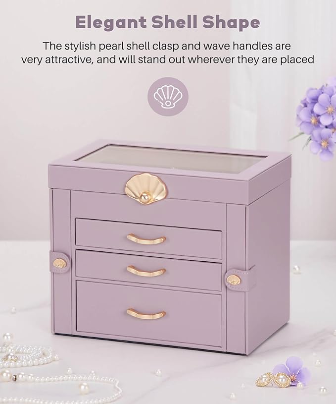 Jewelry Box with 3 Drawers: Display Organizer for Earrings Necklaces - Gifts for Girls Women (Grey Purple)