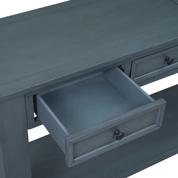 LKTART Solid Wood Console Table, Long Sofa Table Entryway Table with 4 Drawers and Bottom Shelf for Hallway Living Room Couch Table,Easy Assembled (63" Navy)