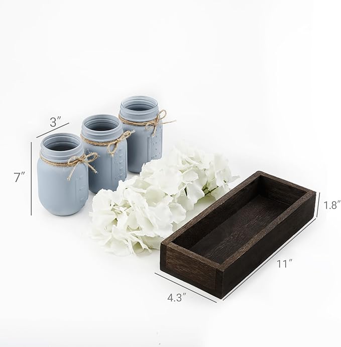 Mkono Mason Jar Centerpiece Decorative Wood Tray with 3 Painted Jars Artificial Flowers Rustic Country Farmhouse Thanksgiving Decoration for Coffee Table Dining Room Living Room Kitchen
