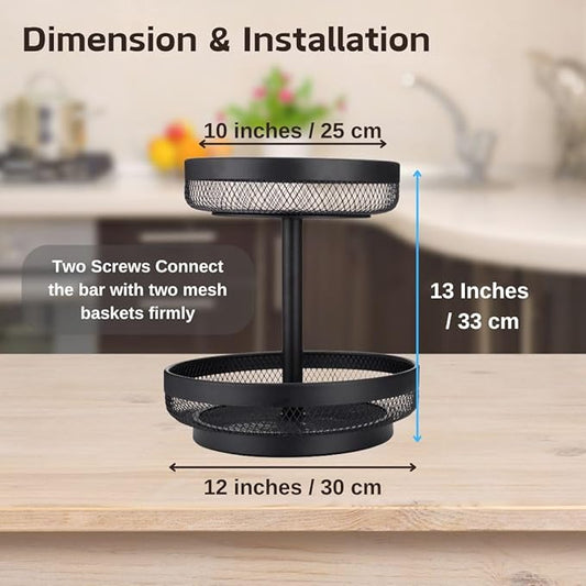 IBERG 2 Tier Fruit Basket - Detachable Mesh Fruit Bowl for Kitchen Countertop - Metal Basket Stand for Fruits,Vegetables, Bread & Snacks (Black)