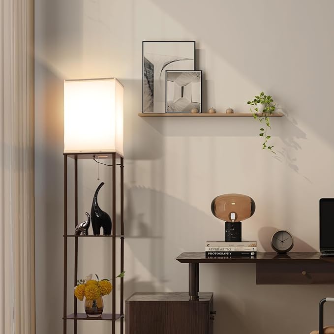 Gupuzm Floor Lamp with Shelves, Modern Square Standing Lamp with 3 Color Temperature Bulb, Corner Display Bookshelf Lamp for Living Room, Bedroom and Office(Brown-2 Pack)