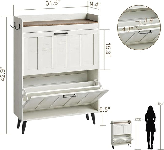 ChooChoo Shoe Storage Cabinet with 2 Flip Drawers, Farmhouse Shoe Organizer Storage for Entryway, Freestanding Hidden Slim Narrow Shoe Rack Cabinet, Antique White & Brown