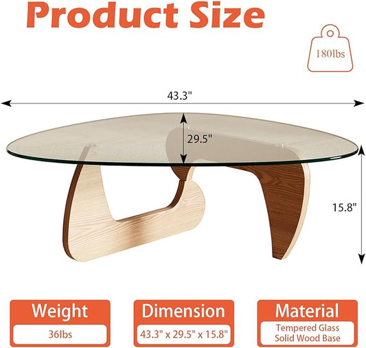 Modern Coffee Table for Living Room and Small Spaces, 43.3" x 29.5" x 15.8" Triangle Tempered Glass Table Top and Eco-Friendly Solid Wood Base, Natural Wood