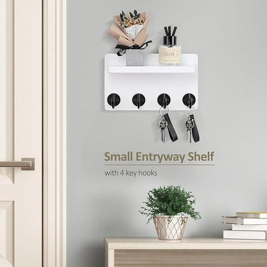 Nekon Key Holder Wall Mount, 8.5 Inch Small Home Decor Wooden Wall Organizer with 4 Hooks and Shelf, Wall Decor for Living Room Entryway Kitchen (White)