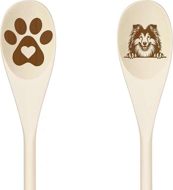 SHETLAND SHEEPDOG Wooden Spoons for Cooking, Serving or Decorative Kitchen Utensils Set Dog Lover Dog Mom/Dad Gift with Peeking Dog Designs, Paw Print and Dog Head, Kitchen Utensils Set of 2