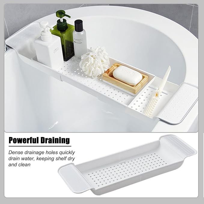 Expandable Drain Bath Shelf Caddy Tray, Multifunctional Plastic Bathtub Tray Bathroom Organizer Simple Stylish Bathtub Storage Rack for Candle Towel, Book, Wine, Phone, Shower (Grey - 1pcs)
