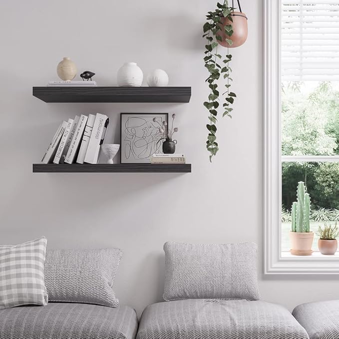 JPND Floating Shelf, Set of 2 Wall Shelf, 24 in W x 12.75 in D x 2 in H Wooden Floating Wall Shelf with Invisible Brackets for Living Room/Bedroom/Bathroom/Kitchen Storage and Decor, Black Wood