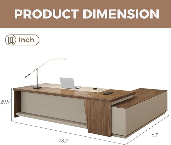 79" L Shaped Executive Desk with Lockable Drawers & Cabinet, Large Modern Executive Office Desk with Cable Management Box, Privacy Panel for Home Office (Champagne Wood Grain + Beige, Left)