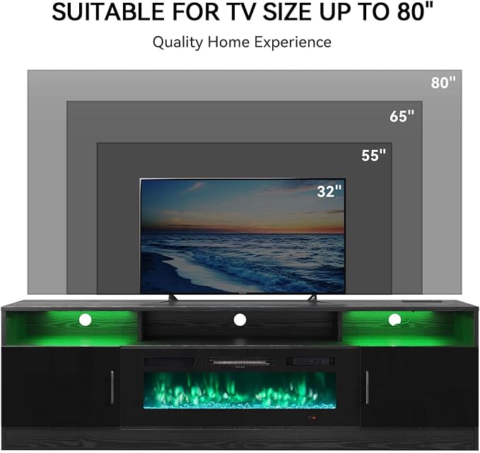 MXV 70" Fireplace TV Stand with Power Outlet for TVs UP to 80", Electric Fireplace Entertainment Center with LED Lights & Storage Cabinets, TV Console for Living Room, Office, Black-Black