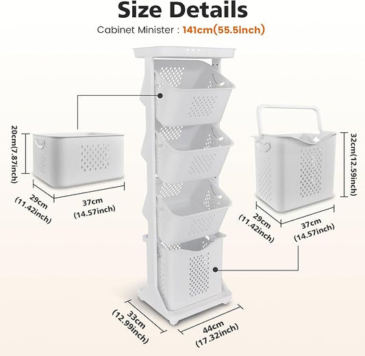 BAOKALER 4-Tier Laundry Hamper Sorter, Vertical Rolling Laundry Baskets with Wheels Removable, Stackable Laundry Cart Organizer and Storage for Small Space, Dorm, Closet, Bathroom