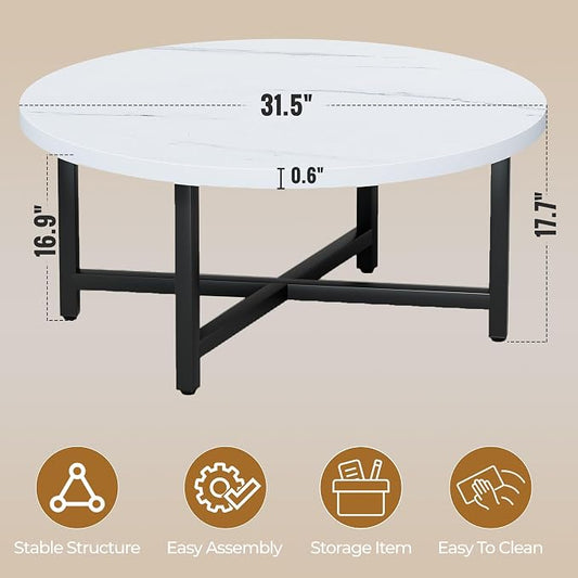 Coffee Table, 31.5" Large Coffee Tables, White Round Coffee Tables for Living Room, Floor Table for Sitting on The Floor, Center Coffee Table with Metal Frame for Office Apartment Home