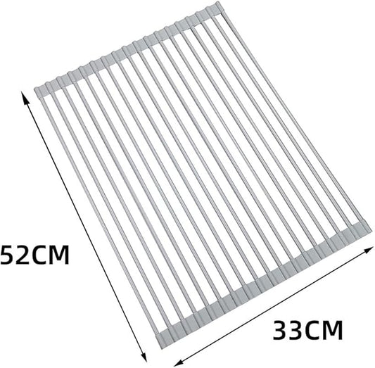 Roll Up Dish Drying Rack Over The Sink.Foldable Kitchen Drainer,Fully Silicone Cover Stainless Steel Bar,Heat-Resistant, Anti-Slip Sink Rack for Kitchen Counter Multipurpose.