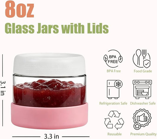 JohnBee 6-Pack 8 oz Glass Overnight Oats Containers with Airtight Lids and Silicone Sleeves - Wide Mouth Jars for Salad, Yogurt, pickles, Snacks, Spice & Sugar - Leakproof Glass Food Storage Jars
