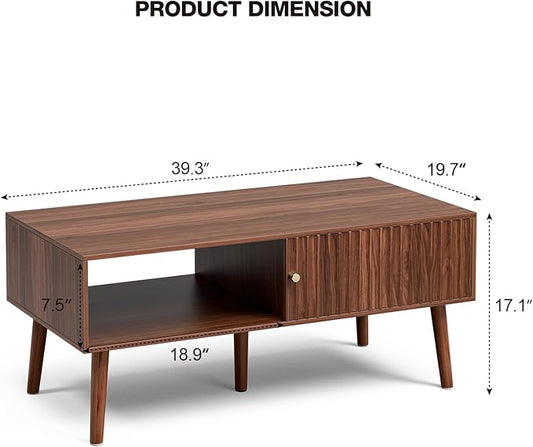 LCRBOL Coffee Table with Storage, Mid Century Dining Table with Sliding Fluted Door and Solid Wood Legs, Small Coffee Tables for Living Room, Walnut