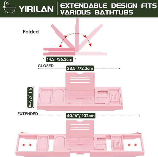 Premium Bathtub Tray Caddy, Expandable Bath Tray, Unique House Warming Gifts, New Home, Anniversary and Wedding Gifts for Couple, Pink