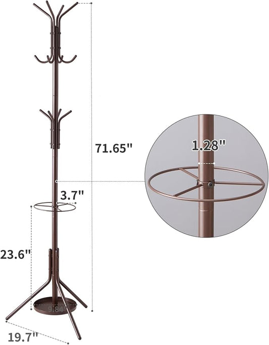 Kitsanery Coat Rack Freestanding,Metal Coat Tree with Umbrella Holder,Hat and Coat Rack Stand for Entryway, Hallway, Living Room, Bedroom (Brown)