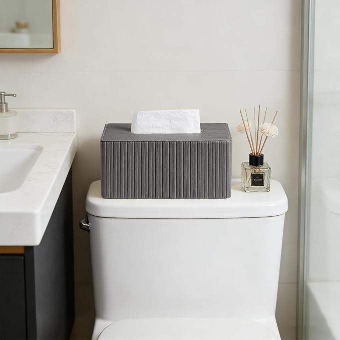 MEIBOOCH PU Leather Tissue Box Cover for 120(3-Ply)/ 160(2-Ply) Count Box of Tissues, Rectangle Tissue Box Holder for Bathroom Bedroom Living Room Office (Slate Grey Stripe)