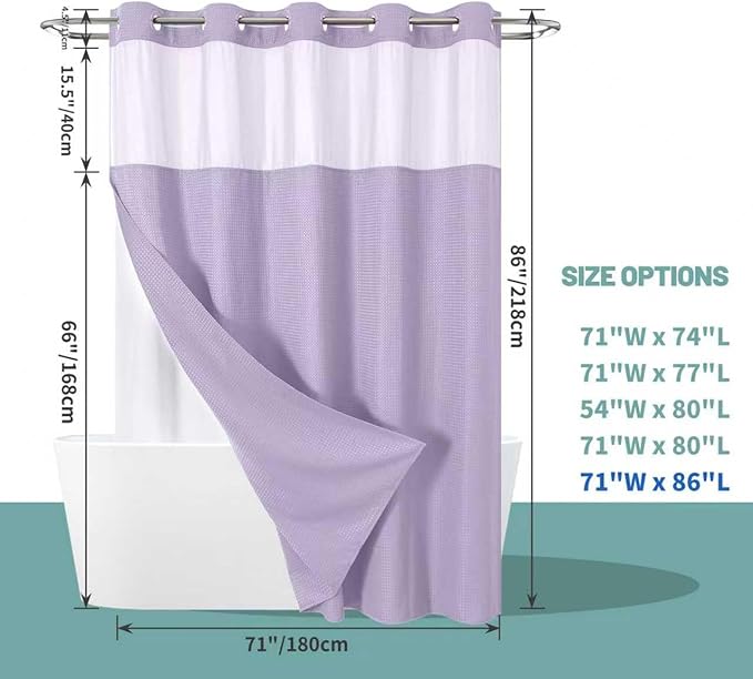 Lavender Extra Long No Hook Waffle Weave Shower Curtain with snap-in Liner Replacement, 230GSM Waterproof Fabric Hotel Shower Curtain Set for Bathroom, Through Mesh Top Window,71Wx86H