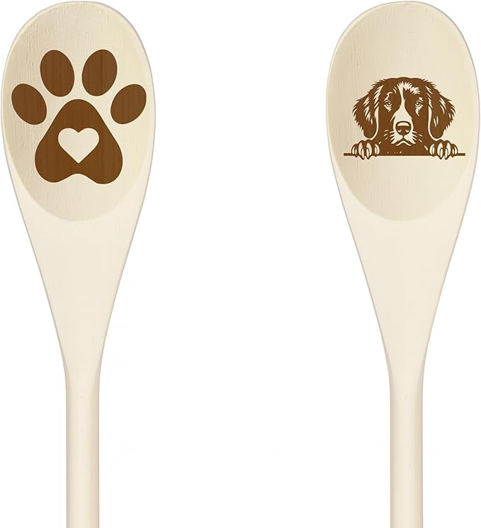 NOVA SCOTIA DUCK Wooden Spoons for Cooking, Serving or Decorative Kitchen Utensils Set Dog Lover Dog Mom/Dad Gift with Peeking Dog Designs, Paw Print and Dog Head, Kitchen Utensils Set of 2