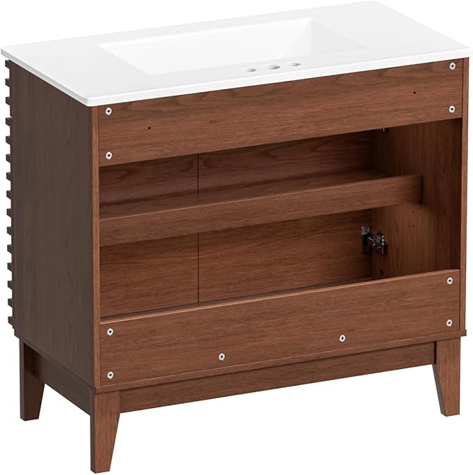 ROOMTEC 36" Bathroom Vanity with Sink, Mid-Century Freestanding Bathroom Vanity Sink with Storage, Undermount Ceramic Sink, Particleboard Frame with Wood Grain Laminate, Walnut