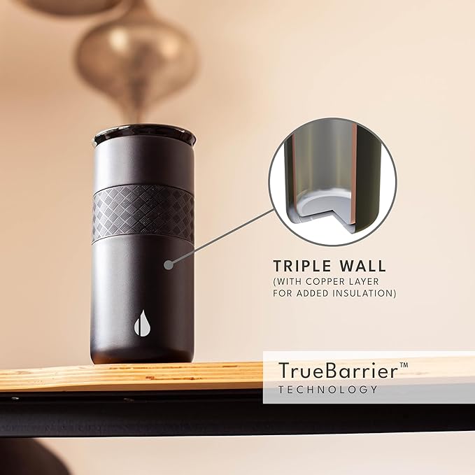 Elemental Artisan Inner Ceramic Coating Tumbler, Triple Wall Coffee Travel Mug, Reusable Stainless Steel Coffee Tumbler with Ceramic Lid for Hot (6 Hrs) & Cold (18 Hrs), 16oz - Black