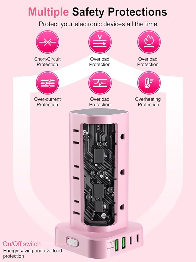 Power Strip Tower with Multiple Outlets, Flat Plug Surge Protector Tower Extension Cord with 12 AC Outlets 4 USB Ports (2 USB C), 6FT Cord Power Tower Surge Protector for Home Office Dorm Room, Pink