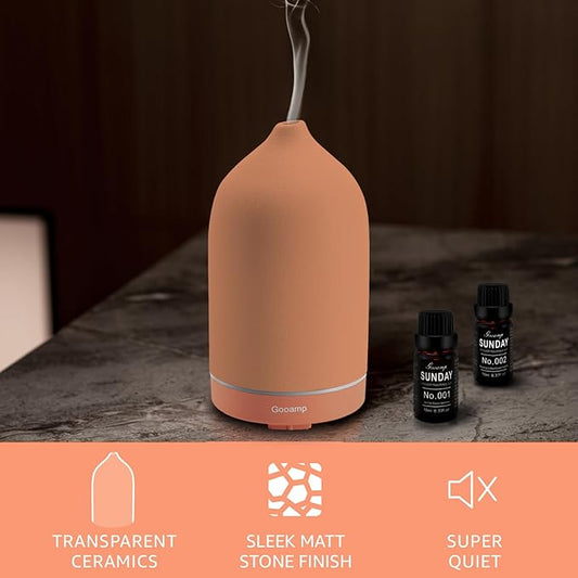 200ML Ceramic Essential Oil Diffuser - Ultrasonic Aromatherapy & Humidifier with 7-Color LED Lights, Auto Shut-Off, Brown, 1H/3H/6H Timer | Scent for Home,Office,Yoga