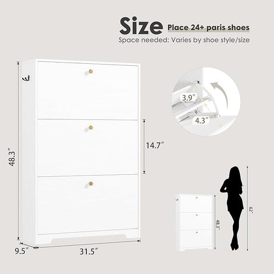 Nicetree Shoe Cabinet with 3 Flip Drawers, Narrow Shoe Organizer Cabinet, Freestanding Shoe Rack Cabinet, Modern Shoe Storage Cabinet for Entryway, Hallway, Foyer, White with Hook