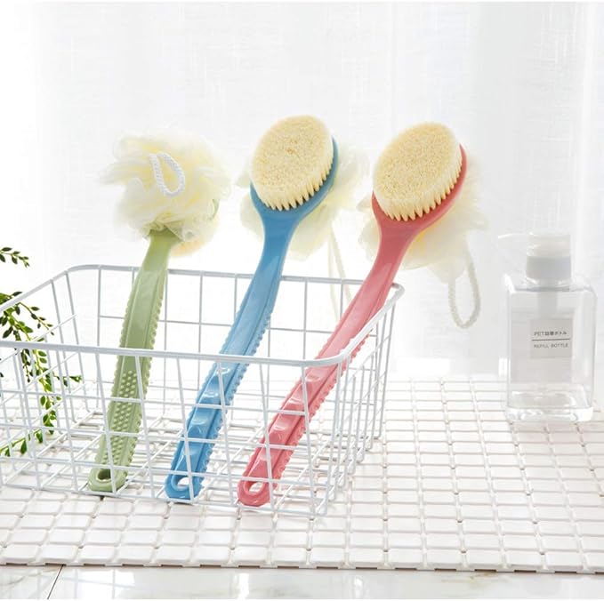 Shower Body Brush with Bristles and Loofah,Back Scrubber Bath Mesh Sponge with Curved Long Handle for Skin Exfoliating Bath, Massage Bristles Suitable for Wet or Dry, Men and Women (Black)