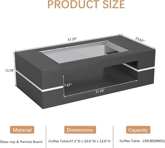 HedoAjim 47.2" Modern Stylish Coffee Table with Glass Table Top, Large Living Room Table Rectangular 2-Tier Center Tables with Storage, Wooden Cocktail Tea Tables for Dining Reception Room, Black