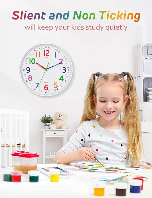 Silent Kids Wall Clock – Non-Ticking, Battery-Powered, Ideal for Teaching Time and Stylish Décor in Any Room - 14 Inch