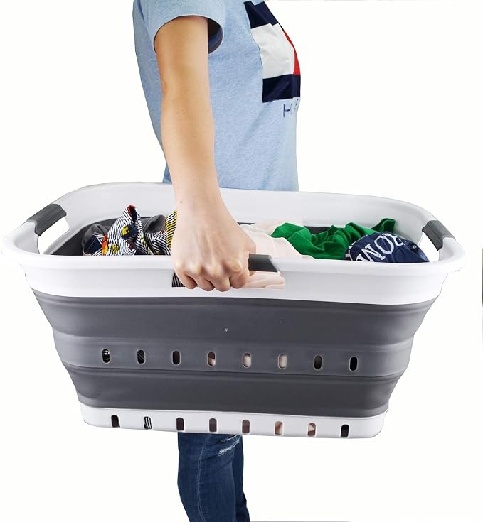 SAMMART 42L (11 gallon) Collapsible Plastic Laundry Basket - Foldable Pop Up Storage Container/Organizer - Space Saving Hamper/Basket (1, White/Dark Grey)